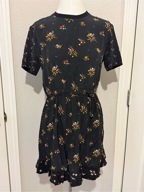 Louis Vuitton Silk/Cotton Black Floral Mix  Short Sleeve Drawstring Waist Dress
